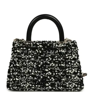 Chanel Chanel Mini Coco Handle Flap Bag Black, White Sequin, Beaded Light Gold Hardware | Thumbnail 4 Chanel Chanel Mini Coco Handle Flap Bag Black, White Sequin, Beaded Light Gold Hardware | Thumbnail 4