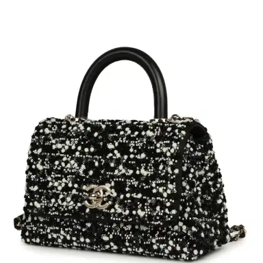Chanel Chanel Mini Coco Handle Flap Bag Black, White Sequin, Beaded Light Gold Hardware | Thumbnail 5 Chanel Chanel Mini Coco Handle Flap Bag Black, White Sequin, Beaded Light Gold Hardware | Thumbnail 5