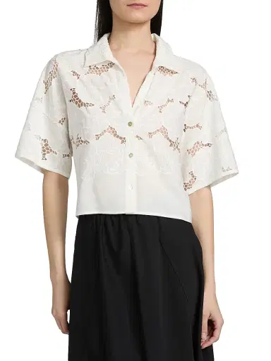 Vince Women's Lace Short-Sleeve Crop Shirt - Off White - Size XXS | Thumbnail 3 Vince Women's Lace Short-Sleeve Crop Shirt - Off White - Size XXS | Thumbnail 3