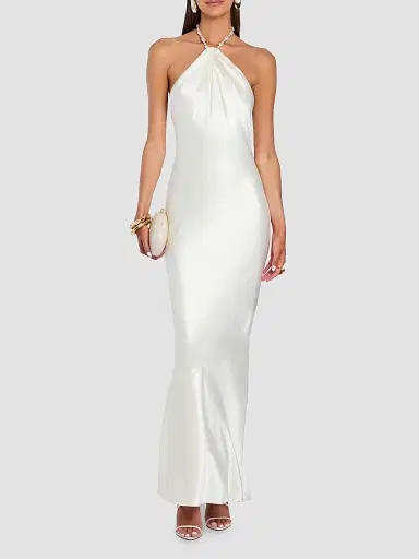 Retrofête Women's Anat Satin Beaded Halter Dress - Cream | Thumbnail 2 Retrofête Women's Anat Satin Beaded Halter Dress - Cream | Thumbnail 2