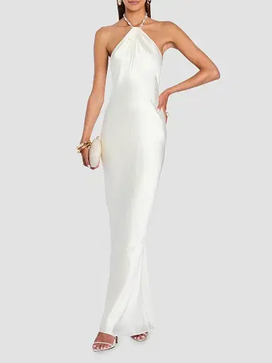 Retrofête Women's Anat Satin Beaded Halter Dress - Cream | Thumbnail 4 Retrofête Women's Anat Satin Beaded Halter Dress - Cream | Thumbnail 4