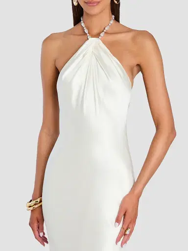 Retrofête Women's Anat Satin Beaded Halter Dress - Cream | Thumbnail 5 Retrofête Women's Anat Satin Beaded Halter Dress - Cream | Thumbnail 5