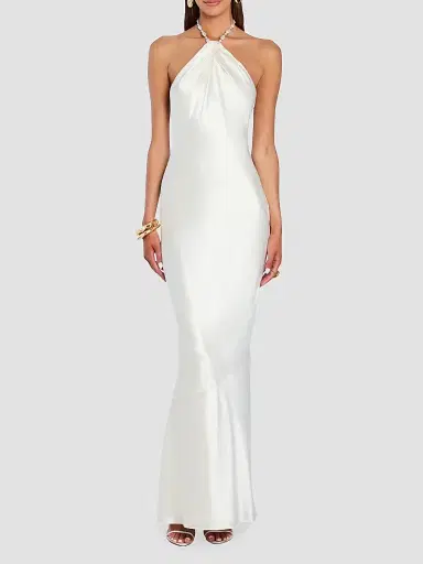 Retrofête Women's Anat Satin Beaded Halter Dress - Cream | Thumbnail 6 Retrofête Women's Anat Satin Beaded Halter Dress - Cream | Thumbnail 6