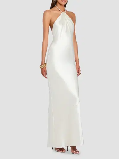 Retrofête Women's Anat Satin Beaded Halter Dress - Cream | Thumbnail 7 Retrofête Women's Anat Satin Beaded Halter Dress - Cream | Thumbnail 7