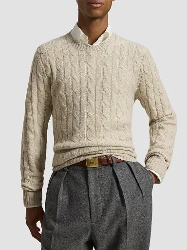 Polo Ralph Lauren Men's Cashmere Cable-Knit Crewneck Sweater - Walnut Brown Heather - Size XXL | Thumbnail 4 Polo Ralph Lauren Men's Cashmere Cable-Knit Crewneck Sweater - Walnut Brown Heather - Size XXL | Thumbnail 4