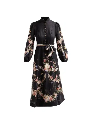 Zimmermann Women's Valiant Button Midi Dress - Black Bouquet - Size 8 | Thumbnail 1 Zimmermann Women's Valiant Button Midi Dress - Black Bouquet - Size 8 | Thumbnail 1