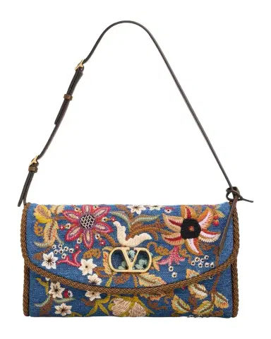 Valentino Garavani Devain Small Embroidered Denim Shoulder Bag | Thumbnail 1 Valentino Garavani Devain Small Embroidered Denim Shoulder Bag | Thumbnail 1