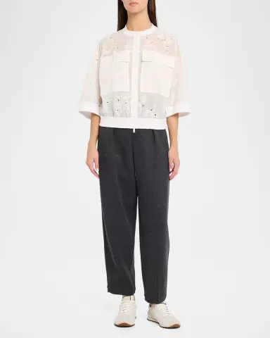 Brunello Cucinelli Broderie Anglaise Cotton Organza 3/4-Sleeve Zip Jacket | Thumbnail 2 Brunello Cucinelli Broderie Anglaise Cotton Organza 3/4-Sleeve Zip Jacket | Thumbnail 2