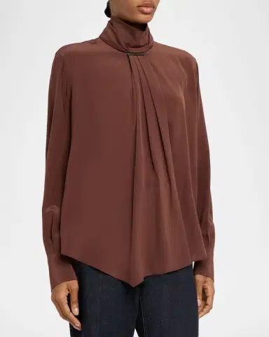 Brunello Cucinelli Turtleneck Monili Gathered Silk Blouse | Thumbnail 4 Brunello Cucinelli Turtleneck Monili Gathered Silk Blouse | Thumbnail 4