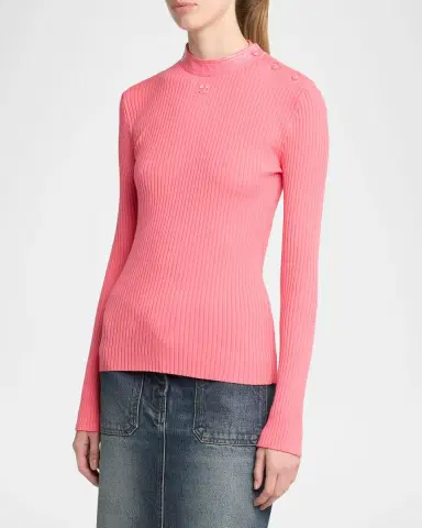Courreges Vinyl Collar Ribbed Button-Shoulder Long-Sleeve Top | Thumbnail 4 Courreges Vinyl Collar Ribbed Button-Shoulder Long-Sleeve Top | Thumbnail 4