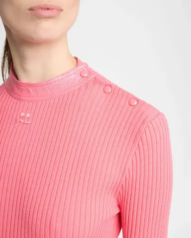 Courreges Vinyl Collar Ribbed Button-Shoulder Long-Sleeve Top | Thumbnail 5 Courreges Vinyl Collar Ribbed Button-Shoulder Long-Sleeve Top | Thumbnail 5