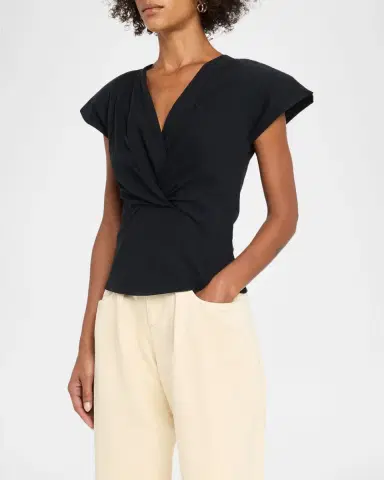 Isabel Marant Nadrine Gathered V-Neck Cotton T-Shirt | Thumbnail 4 Isabel Marant Nadrine Gathered V-Neck Cotton T-Shirt | Thumbnail 4