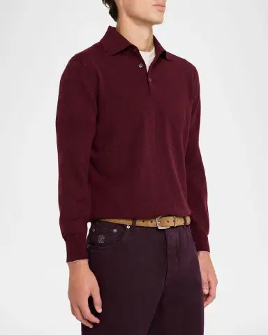 Brunello Cucinelli Men's Cashmere Knit Long-Sleeve Polo Shirt | Thumbnail 4 Brunello Cucinelli Men's Cashmere Knit Long-Sleeve Polo Shirt | Thumbnail 4