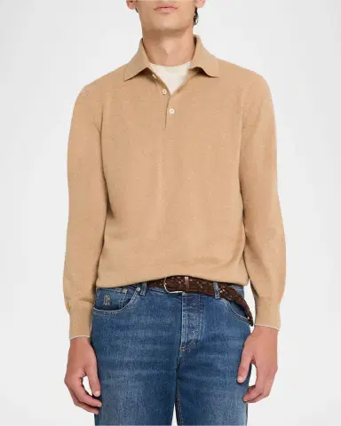 Brunello Cucinelli Men's Cashmere Knit Long-Sleeve Polo Shirt | Thumbnail 4 Brunello Cucinelli Men's Cashmere Knit Long-Sleeve Polo Shirt | Thumbnail 4