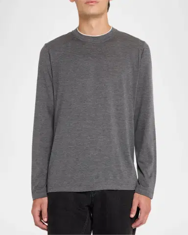 Brunello Cucinelli Men's Silk and Cotton Long-Sleeve Crewneck T-Shirt | Thumbnail 4 Brunello Cucinelli Men's Silk and Cotton Long-Sleeve Crewneck T-Shirt | Thumbnail 4