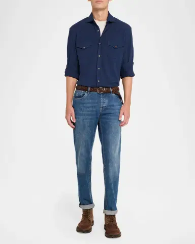 Brunello Cucinelli Men's Cotton Pique Snap-Front Western Shirt | Thumbnail 2 Brunello Cucinelli Men's Cotton Pique Snap-Front Western Shirt | Thumbnail 2