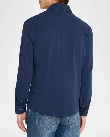 Brunello Cucinelli Men's Cotton Pique Snap-Front Western Shirt | Thumbnail 3 Brunello Cucinelli Men's Cotton Pique Snap-Front Western Shirt | Thumbnail 3