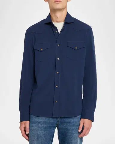 Brunello Cucinelli Men's Cotton Pique Snap-Front Western Shirt | Thumbnail 4 Brunello Cucinelli Men's Cotton Pique Snap-Front Western Shirt | Thumbnail 4