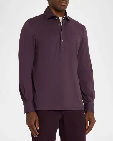 Brunello Cucinelli Men's Cotton Jersey Long-Sleeve Polo Shirt | Thumbnail 4 Brunello Cucinelli Men's Cotton Jersey Long-Sleeve Polo Shirt | Thumbnail 4