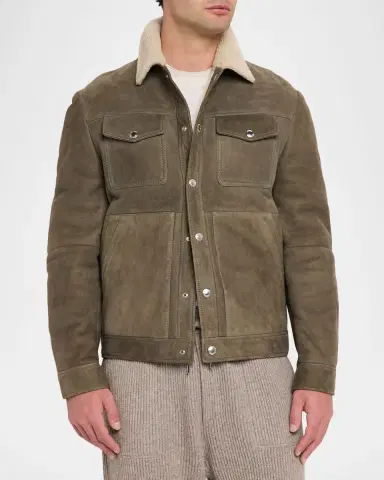 Brunello Cucinelli Men's Shearling-Collar Suede Snap Front Jacket | Thumbnail 4 Brunello Cucinelli Men's Shearling-Collar Suede Snap Front Jacket | Thumbnail 4