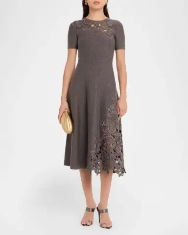 Oscar de la Renta Short-Sleeve Lace-Inset Wool Knit Midi Dress | Thumbnail 2 Oscar de la Renta Short-Sleeve Lace-Inset Wool Knit Midi Dress | Thumbnail 2