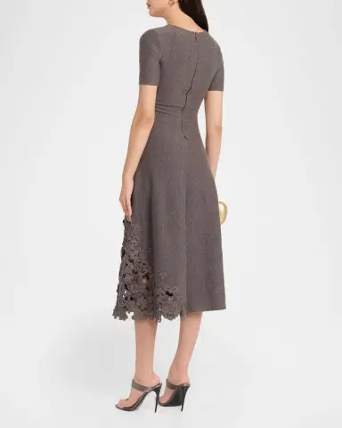 Oscar de la Renta Short-Sleeve Lace-Inset Wool Knit Midi Dress | Thumbnail 3 Oscar de la Renta Short-Sleeve Lace-Inset Wool Knit Midi Dress | Thumbnail 3