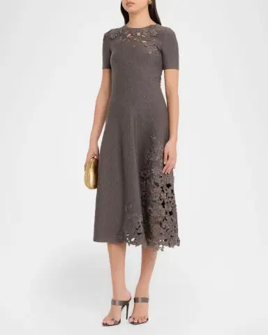 Oscar de la Renta Short-Sleeve Lace-Inset Wool Knit Midi Dress | Thumbnail 4 Oscar de la Renta Short-Sleeve Lace-Inset Wool Knit Midi Dress | Thumbnail 4