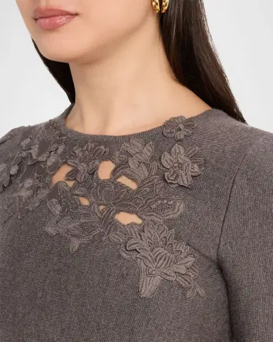Oscar de la Renta Short-Sleeve Lace-Inset Wool Knit Midi Dress | Thumbnail 5 Oscar de la Renta Short-Sleeve Lace-Inset Wool Knit Midi Dress | Thumbnail 5
