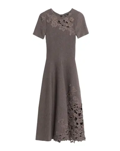 Oscar de la Renta Short-Sleeve Lace-Inset Wool Knit Midi Dress | Thumbnail 1 Oscar de la Renta Short-Sleeve Lace-Inset Wool Knit Midi Dress | Thumbnail 1