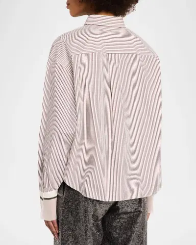 Brunello Cucinelli Striped Cotton Poplin Boxy Button-Down Shirt With Monili Trim | Thumbnail 3 Brunello Cucinelli Striped Cotton Poplin Boxy Button-Down Shirt With Monili Trim | Thumbnail 3