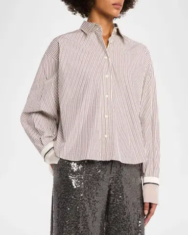 Brunello Cucinelli Striped Cotton Poplin Boxy Button-Down Shirt With Monili Trim | Thumbnail 4 Brunello Cucinelli Striped Cotton Poplin Boxy Button-Down Shirt With Monili Trim | Thumbnail 4