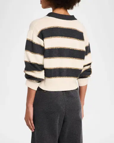 Brunello Cucinelli Luminous Striped Cashmere Crop V-Neck Cardigan | Thumbnail 3 Brunello Cucinelli Luminous Striped Cashmere Crop V-Neck Cardigan | Thumbnail 3