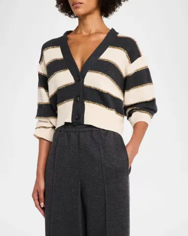 Brunello Cucinelli Luminous Striped Cashmere Crop V-Neck Cardigan | Thumbnail 4 Brunello Cucinelli Luminous Striped Cashmere Crop V-Neck Cardigan | Thumbnail 4