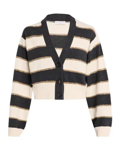 Brunello Cucinelli Luminous Striped Cashmere Crop V-Neck Cardigan | Thumbnail 1 Brunello Cucinelli Luminous Striped Cashmere Crop V-Neck Cardigan | Thumbnail 1