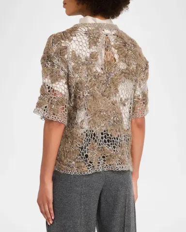 Brunello Cucinelli Mohair Diamante Floral Embroidered Mesh Sweater | Thumbnail 3 Brunello Cucinelli Mohair Diamante Floral Embroidered Mesh Sweater | Thumbnail 3