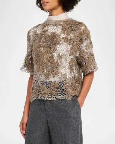 Brunello Cucinelli Mohair Diamante Floral Embroidered Mesh Sweater | Thumbnail 4 Brunello Cucinelli Mohair Diamante Floral Embroidered Mesh Sweater | Thumbnail 4