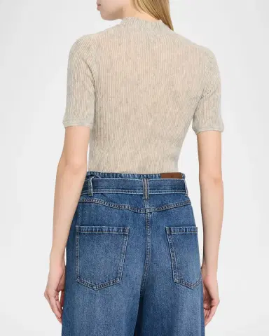 Brunello Cucinelli Mock-Neck Metallic Silk-Wool Short-Sleeve Sweater | Thumbnail 3 Brunello Cucinelli Mock-Neck Metallic Silk-Wool Short-Sleeve Sweater | Thumbnail 3