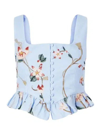 Agua by Agua Bendita Eslabón Navegante Floral-embroidered Linen Cropped Top | Thumbnail 1 Agua by Agua Bendita Eslabón Navegante Floral-embroidered Linen Cropped Top | Thumbnail 1