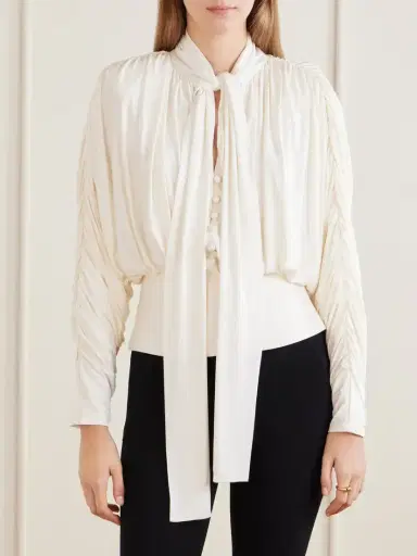 Self-Portrait Tie-detailed Gathered Stretch-jersey Blouse | Thumbnail 3 Self-Portrait Tie-detailed Gathered Stretch-jersey Blouse | Thumbnail 3