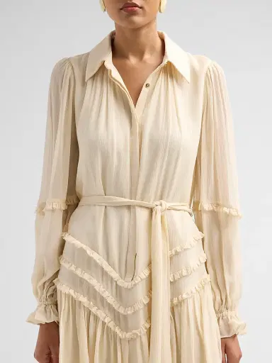 Ramy Brook Women's Maya Ruffled Silk Long-Sleeve Belted Mini Shirtdress - Bone - Size XL | Thumbnail 5 Ramy Brook Women's Maya Ruffled Silk Long-Sleeve Belted Mini Shirtdress - Bone - Size XL | Thumbnail 5