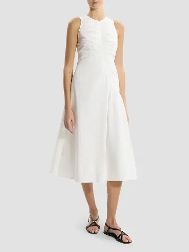 Theory Women's Asymmetrical Ruched Soft Lawn Midi-Dress - White | Thumbnail 2 Theory Women's Asymmetrical Ruched Soft Lawn Midi-Dress - White | Thumbnail 2