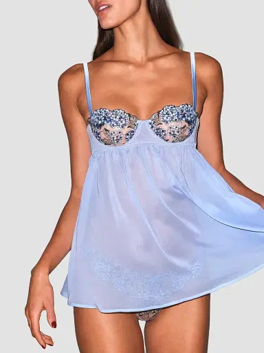 Fleur du Mal Women's Hydrangea Embroidery Cupped Babydoll Nightgown - Petal Blue - Size Large | Thumbnail 4 Fleur du Mal Women's Hydrangea Embroidery Cupped Babydoll Nightgown - Petal Blue - Size Large | Thumbnail 4