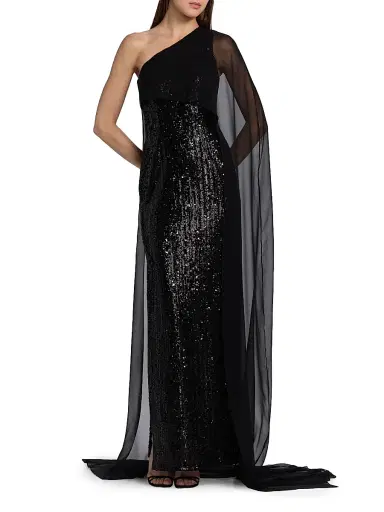 PAMELLA ROLAND Women's Sequined Chiffon Cape-Sleeve Column Gown - Black - Size 12 | Thumbnail 2 PAMELLA ROLAND Women's Sequined Chiffon Cape-Sleeve Column Gown - Black - Size 12 | Thumbnail 2