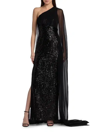 PAMELLA ROLAND Women's Sequined Chiffon Cape-Sleeve Column Gown - Black - Size 12 | Thumbnail 3 PAMELLA ROLAND Women's Sequined Chiffon Cape-Sleeve Column Gown - Black - Size 12 | Thumbnail 3
