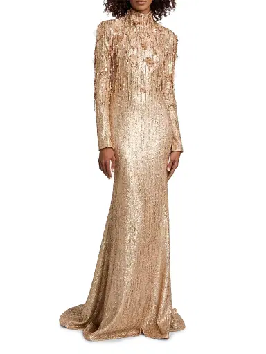 PAMELLA ROLAND Women's Beaded Sequin Long-Sleeve Trumpet Gown - Gold - Size 10 | Thumbnail 2 PAMELLA ROLAND Women's Beaded Sequin Long-Sleeve Trumpet Gown - Gold - Size 10 | Thumbnail 2