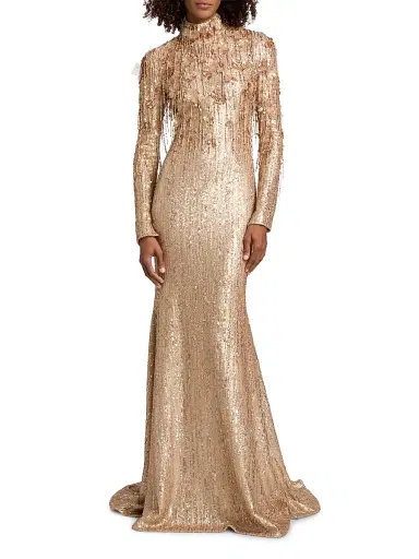 PAMELLA ROLAND Women's Beaded Sequin Long-Sleeve Trumpet Gown - Gold - Size 10 | Thumbnail 3 PAMELLA ROLAND Women's Beaded Sequin Long-Sleeve Trumpet Gown - Gold - Size 10 | Thumbnail 3