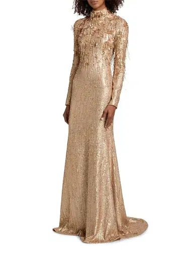 PAMELLA ROLAND Women's Beaded Sequin Long-Sleeve Trumpet Gown - Gold - Size 10 | Thumbnail 4 PAMELLA ROLAND Women's Beaded Sequin Long-Sleeve Trumpet Gown - Gold - Size 10 | Thumbnail 4