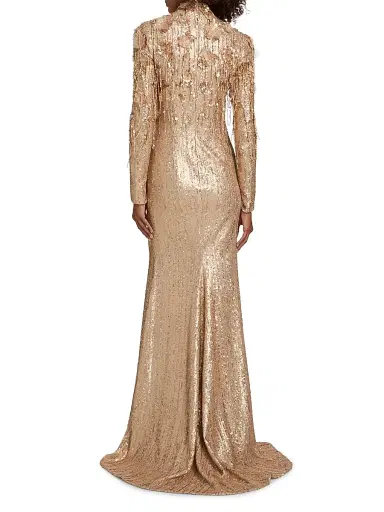 PAMELLA ROLAND Women's Beaded Sequin Long-Sleeve Trumpet Gown - Gold - Size 10 | Thumbnail 5 PAMELLA ROLAND Women's Beaded Sequin Long-Sleeve Trumpet Gown - Gold - Size 10 | Thumbnail 5