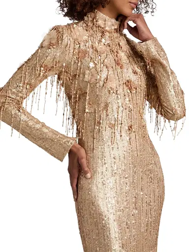 PAMELLA ROLAND Women's Beaded Sequin Long-Sleeve Trumpet Gown - Gold - Size 10 | Thumbnail 6 PAMELLA ROLAND Women's Beaded Sequin Long-Sleeve Trumpet Gown - Gold - Size 10 | Thumbnail 6