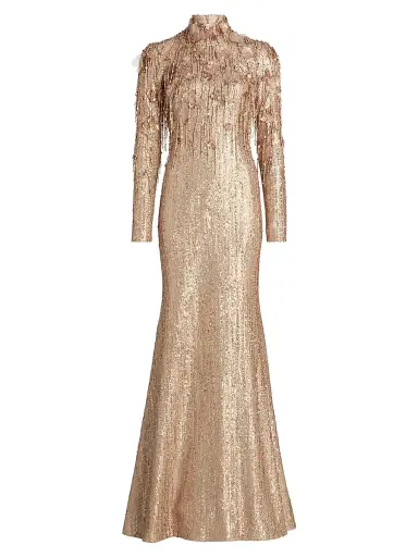 PAMELLA ROLAND Women's Beaded Sequin Long-Sleeve Trumpet Gown - Gold - Size 10 | Thumbnail 1 PAMELLA ROLAND Women's Beaded Sequin Long-Sleeve Trumpet Gown - Gold - Size 10 | Thumbnail 1